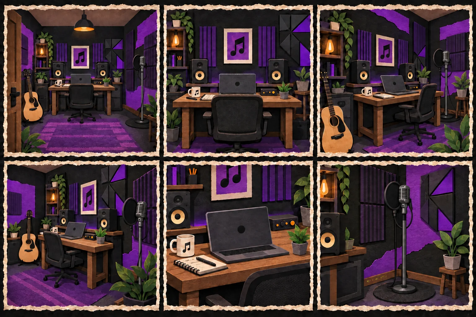 Sei viste illustrate dello studio Bandit: scrivania, chitarra, pannelli viola e microfono grigio metallico